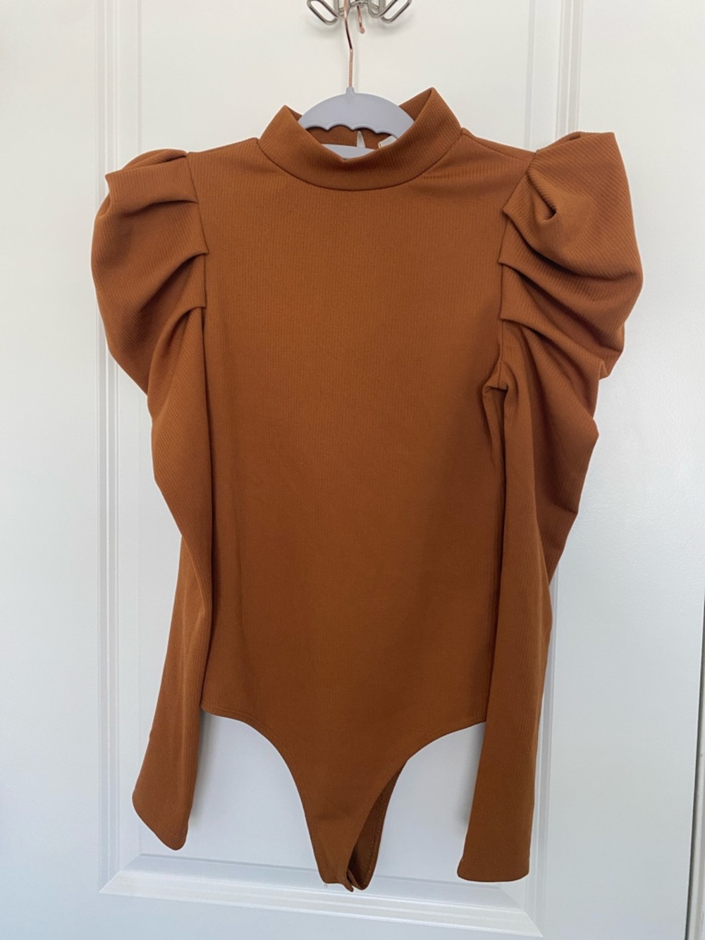 Camel Puff Sleeve Bodysuit Mock Neck Structured Top Long Sleeve Stretch Fitted